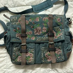 Free people dirty dye canvas and leather embroidered shoulder bag